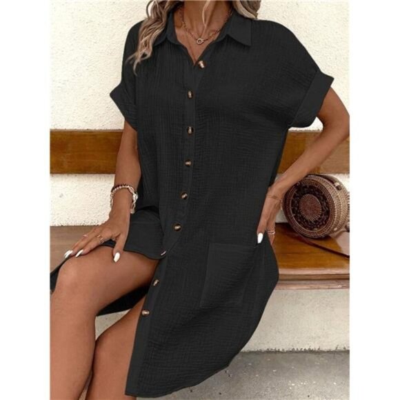 Casual Button Down Cotton Shirt Dress with Pockets - Picture 7 of 15